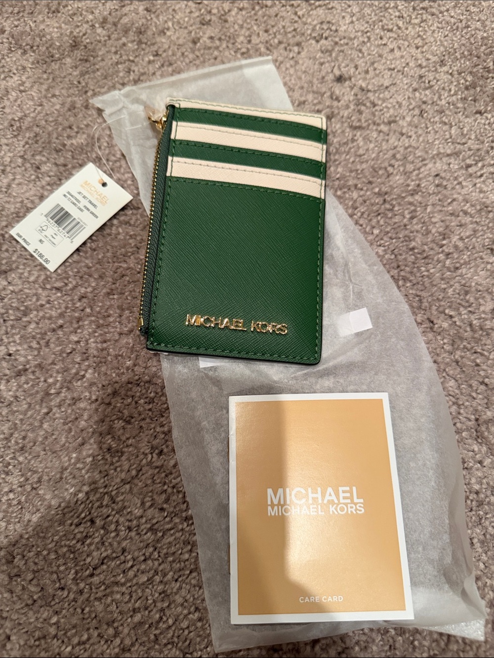 Michael Kors Green and Cream Saffiano Card Case with Zip